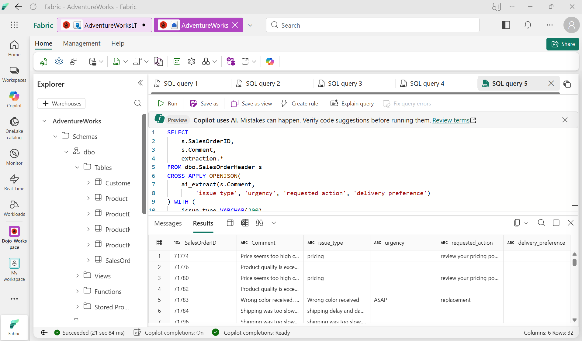 R&eacute;sultats de ai_analyze_sentiment, ai_classify et ai_summarize sur les commandes AdventureWorks