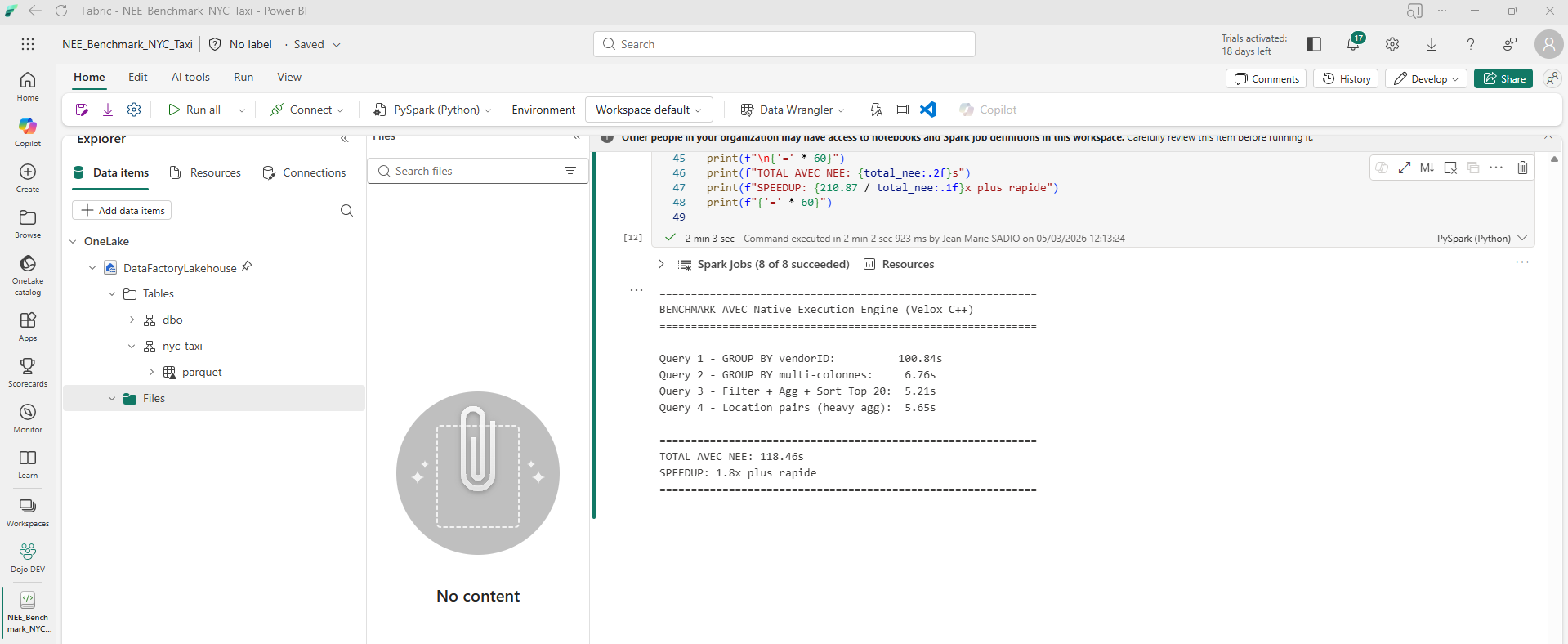 Résultats du benchmark avec Native Execution Engine - Total 118.46s, 1.8x speedup