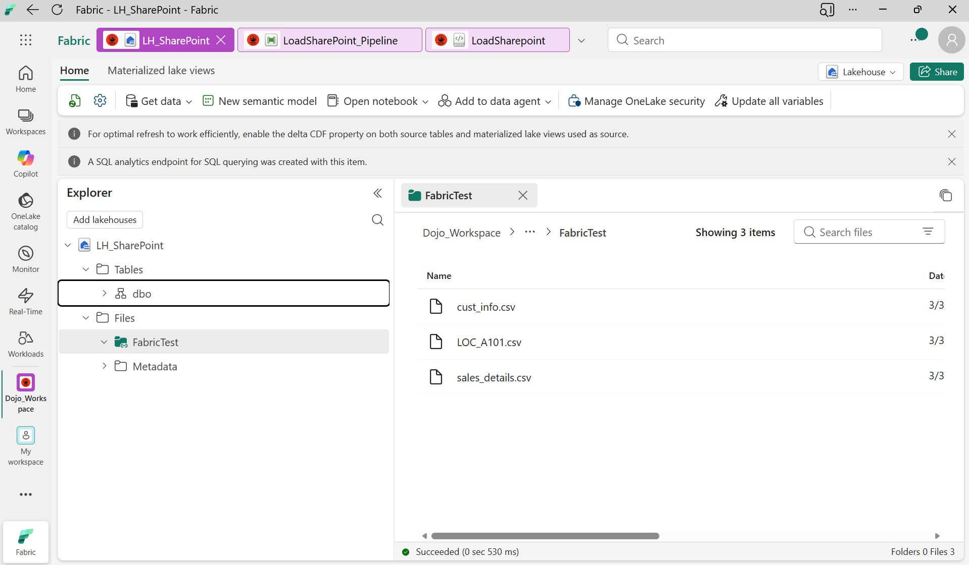 Fichiers SharePoint visibles dans le Lakehouse