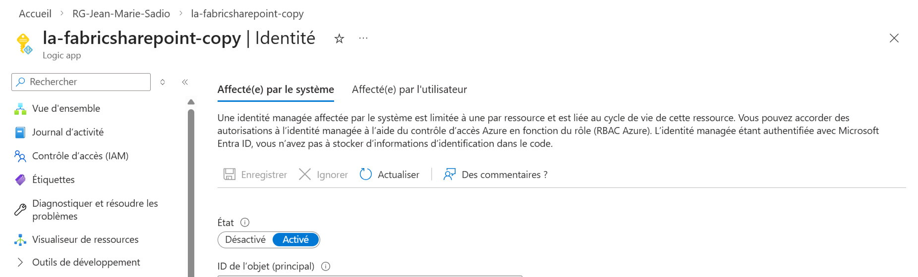 Managed Identity activé sur la Logic App