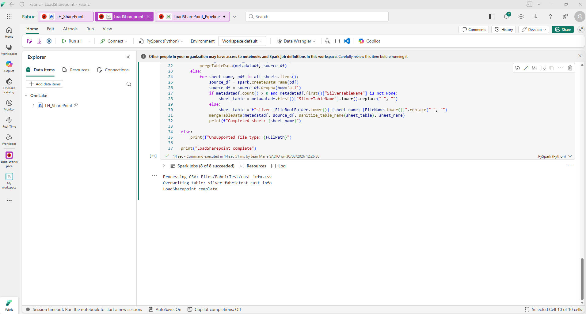 Exécution du notebook LoadSharepoint
