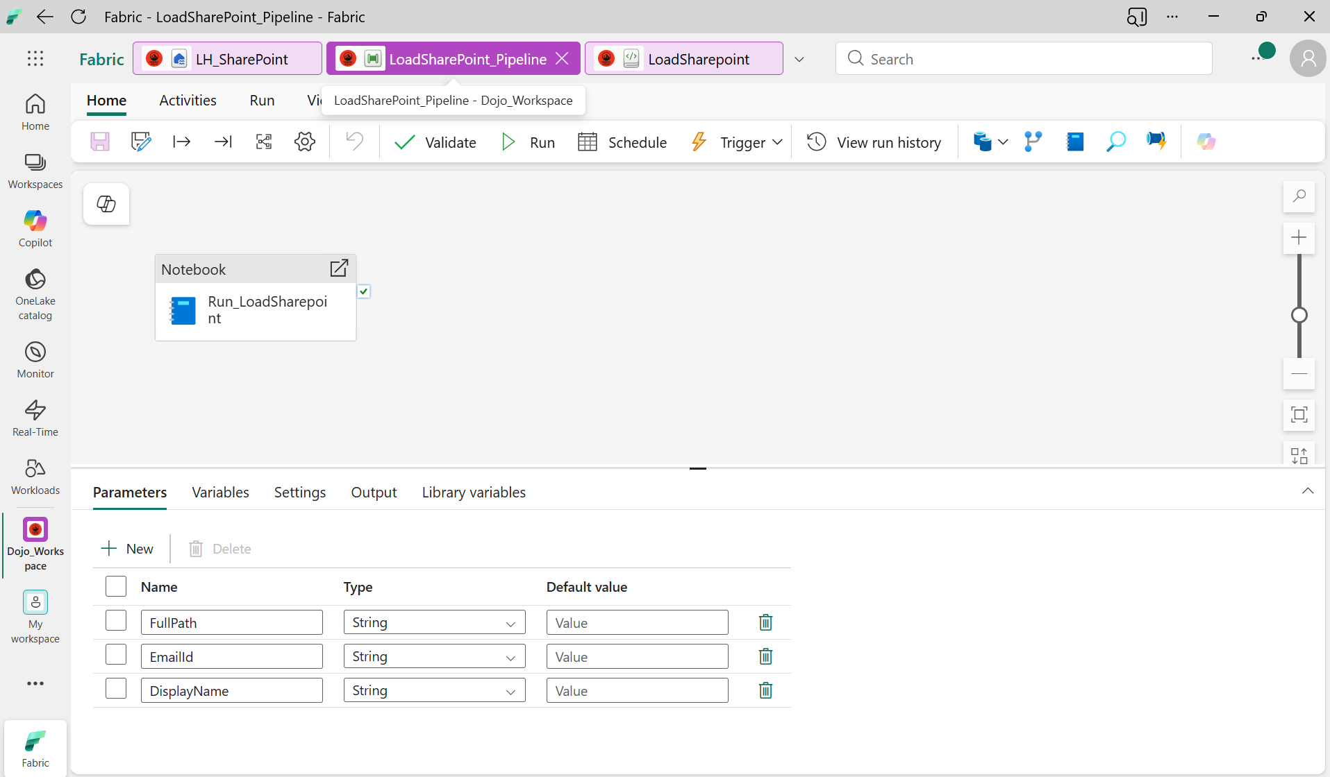 Pipeline LoadSharePoint dans Fabric