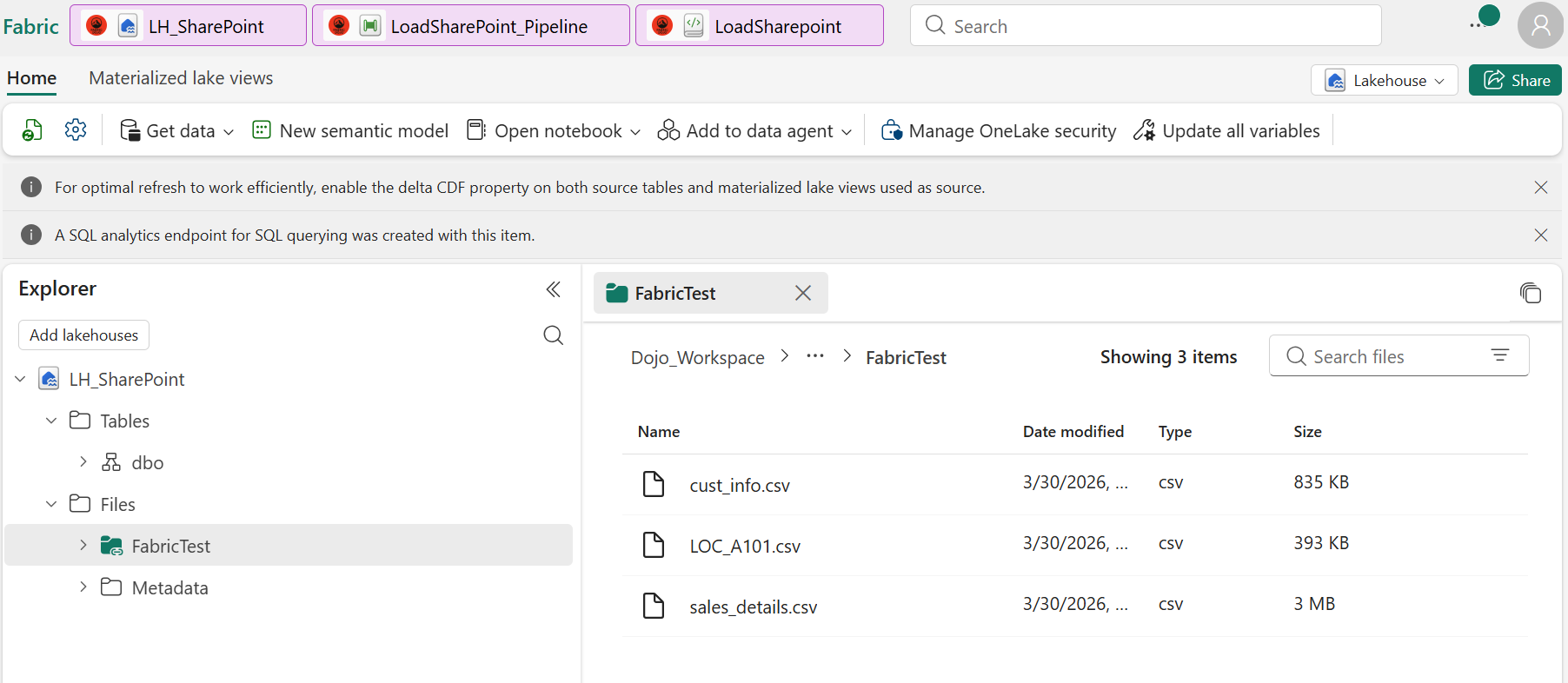 Création du shortcut OneLake vers SharePoint