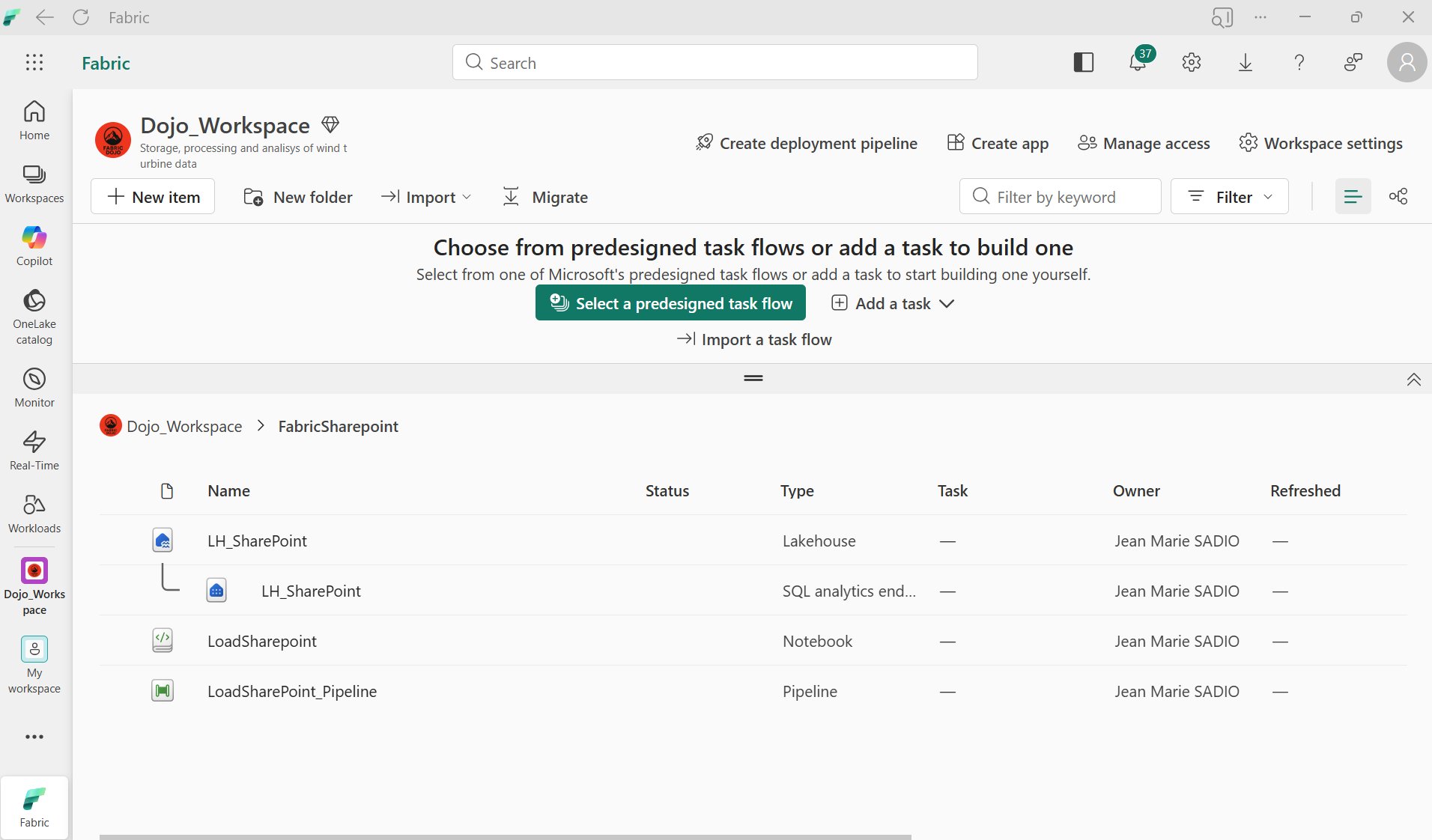 Workspace Fabric avec le dossier FabricSharepoint